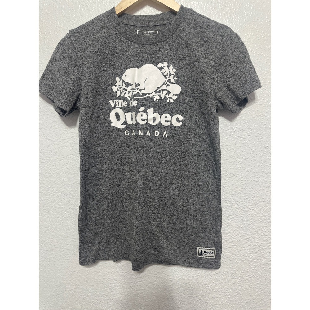 Roots Canada Ville de Quebec Beaver Graphic T-Shirt Grey Salt Pepper Womens XS